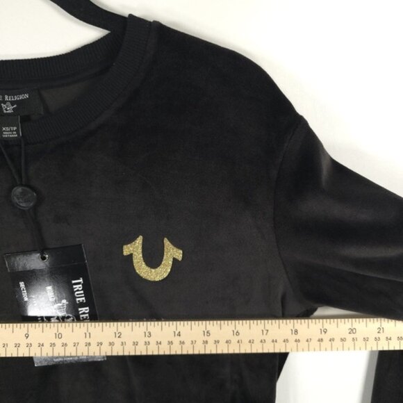 NWT TRUE RELIGION Black Glitter Velvet Pullover Sweatshirt Style 204213 Size XS - Picture 7 of 11